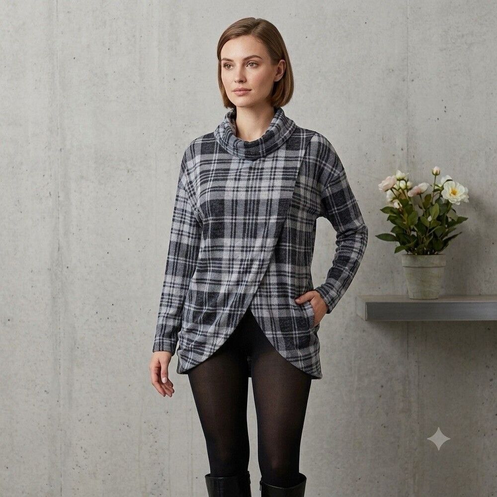 Ces Femme Plaid Tunic Blouse S Small Gray Cowl Neck Faux Wrap Fall Top
